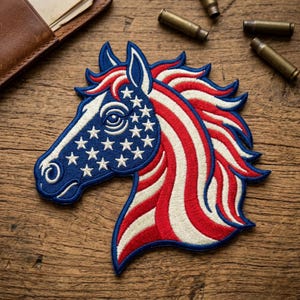May include: Embroidered patch featuring a horse head design. The horse head is colored with the American flag, including blue with white stars, and red and white stripes. The patch is on a wooden surface.