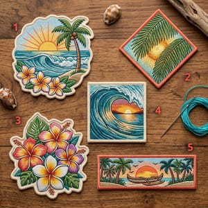 May include: Embroidered patches with tropical beach scenes. Designs include a sunset over the ocean with palm trees, a wave, and hibiscus flowers. Patches are in various shapes, including round, square, and rectangular.