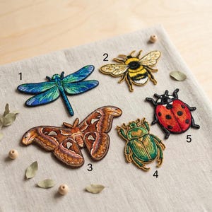May include: Embroidered insect patches including a blue dragonfly, a yellow and black bee, a brown moth, a green beetle, and a red ladybug with black spots. These patches are on a neutral-colored fabric.