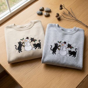 Custom Name Black Cat Christmas Embroidered Sweatshirt, Holiday Party Crewneck Shirt Hoodie, Festive Apparel, Pet Lover Gift, Animal Shirts