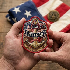 May include: A red, white, and blue embroidered Veteran patch with an anchor design, the word "USA", and the words "Service & Sacrifice". The patch is held in front of an American flag.
