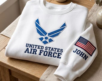 Custom Name Embroidered United States Air Force Sweatshirt, USAF Military Shirt, Veteran USA 250 Years Gift, Patriotic Personalized Crewneck