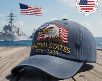 Custom Name United States 1776-2026 Hat – Patriotic Eagle Flag Embroidered Cap, 250th Anniversary Cotton Twill Adjustable Hat for Men