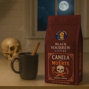 May include: A dark brown bag of Black Voobrew Canela de Muerte ground coffee, with a skull and crossbones design. A black mug with cinnamon sticks sits next to the bag. A skull and a full moon are in the background. The bag contains 12 oz (340g) of coffee.