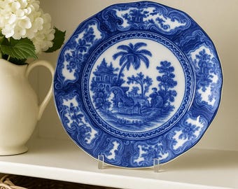 Antique Flow Blue Ironstone Plate: Chinoiserie Decor, 1800s Transferware