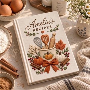 Puede incluir: Un libro de recetas de tapa dura con cubierta de tela color crema y el texto bordado Amelia's RECIPES. El diseño incluye un batidor, una espátula, un rodillo, calabazas, hojas de otoño, ramas de canela y un gran lazo de color naranja.