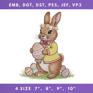 May include: An embroidered design of a brown bunny wearing a yellow jacket and holding a decorated Easter egg. The bunny is adorned with a flower crown and a pink bow tie. The text "4 SIZE 7", 8", 9", 10"" is at the bottom.