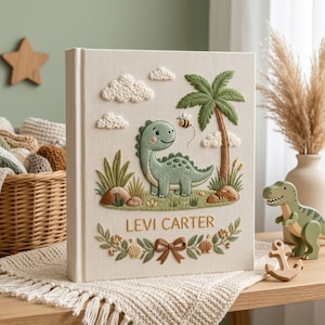 May include: A cream-colored fabric-covered photo album featuring embroidered details of a green dinosaur, a palm tree, clouds, and a bee. The name LEVI CARTER is stitched in brown thread above a decorative floral border with a central bow.