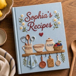Könnte beinhalten: Ein hellblaues, stoffbezogenes Rezeptbuch mit dem gestickten Text Sophia's Recipes. Der Einband zeigt gestickte Illustrationen von Küchenutensilien, einem Mehlbehälter, einer Schale mit Beeren und einem kleinen roten Herz, die auf einem Regal angeordnet sind.