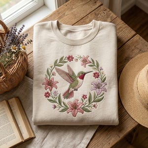 May include: A cream-colored sweatshirt featuring an embroidered hummingbird design. The hummingbird is surrounded by a wreath of pink lilies, green leaves, and small pink flowers. The sweatshirt is folded neatly on a wooden surface.