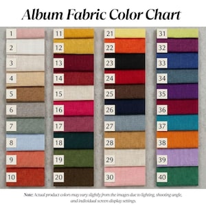 May include: A fabric color chart with 40 numbered color swatches. The swatches are arranged in columns and rows, showcasing a variety of hues, including pinks, blues, greens, and browns. The text "Album Fabric Color Chart" is at the top.