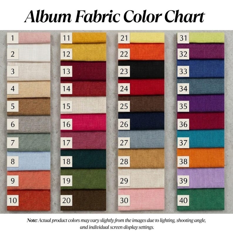 May include: A fabric color chart with 40 numbered color swatches. The swatches are arranged in columns and rows, showcasing a variety of hues, including pinks, blues, greens, and browns. The text "Album Fabric Color Chart" is at the top.