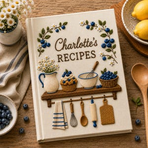 May include: A cream-coloured recipe book cover featuring intricate embroidery of blueberries, daisies, a pitcher, a cupcake, a mixing bowl, and kitchen utensils. The text Charlotte's RECIPES is embroidered in brown thread on the front cover.