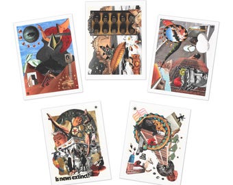 Analoga collagekonst gratulationskort, surrealistiska multidesign-set med 5 - Illustrerat brevpapper, tomma kort, present till konstälskare