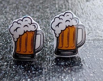 Beer Mug Stud Earrings: Handmade Shrinky Dink Resin Jewelry