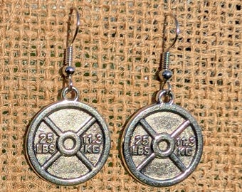 Pendientes colgantes con placa de pesas: ganchos de plata esterlina hipoalergénicos, joyería de gimnasio