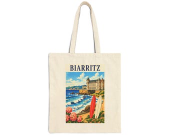 Biarritz Beach Scene Tote, Surfboard Coastal Illustration Tote