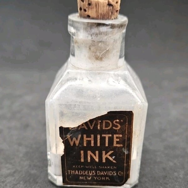 Antique Davids' White Ink Bottle c 1900 Original Paper Label & Cork New York