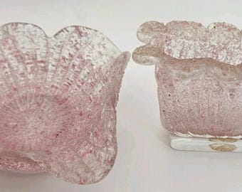 Fratelli Toso Murano Overshot Sugared Glass SET Pink Vase & Scallop Shell Dish