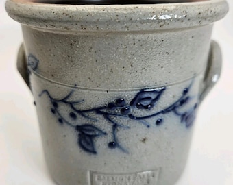 Vintage 1991 Salmon Falls Blueberry Vine Stoneware Pottery Crock 4 1/2” X 4 1/2"