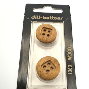 Dill-Buttons Real Wood Style # 1060 Size 11/16&quot; (18 MM) 4 Hole Round Natural New 1 Vintage Pack of 2 Dill Buttons Made in Germany