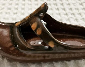 Vintage Ceramic Glazed Shoe Ashtray Brown Bulgarian Folk Art Slipper 5" Small