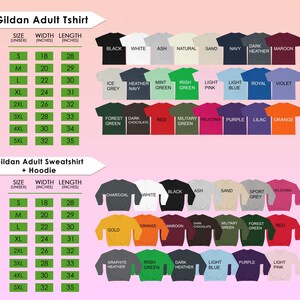 a variety of t-shirt designs and sizes, including adult t-shirts and sweatshirts, with different color options and styles.