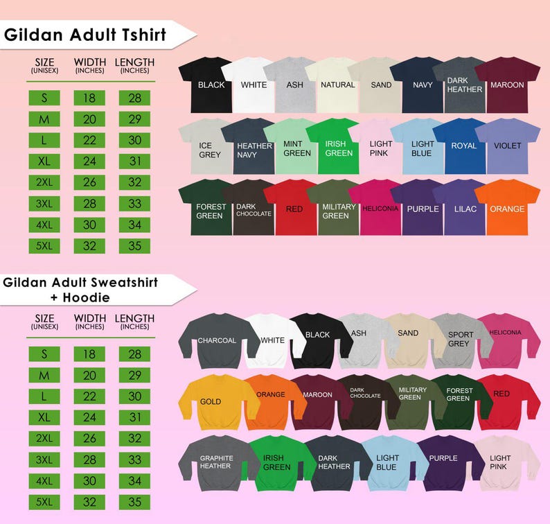 a variety of t-shirt designs and sizes, including adult t-shirts and sweatshirts, with different color options and styles.