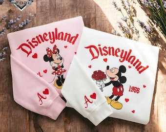 Couple Mouse Valentines Embroidered Sweatshirt, Matching Sweethearts Crewneck, Magical Land Valentine Shirt, Anniversary Gift