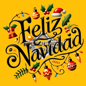 Peut inclure: Une illustration festive sur fond jaune avec l'inscription "Feliz Navidad" en noir. Le design comprend des ornements de Noël, du houx et un bonnet de Père Noël, créant une ambiance de fête.