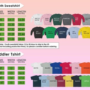 a collection of youth sweatshirts and toddler shirts in various sizes and colors, along with their corresponding measurements and descriptions.