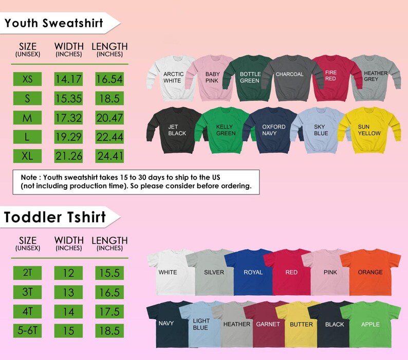 a collection of youth sweatshirts and toddler shirts in various sizes and colors, along with their corresponding measurements and descriptions.
