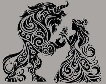 Beauty and the Beast Silhouette SVG, Fantasy Love Illustration, Gothic Romance Art, Fairytale Couple Digital Download