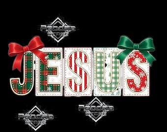 Jesus Christmas PNG, Christian Sublimation Design, Holiday Plaid Jesus PNG, Religious Christmas Clipart, Faith Bow PNG, Digital Download