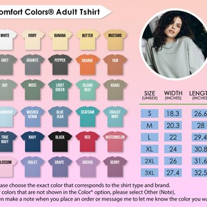 The image is an advertisement for an adult t-shirt, featuring a variety of different colored t-shirts and a woman's portrait.