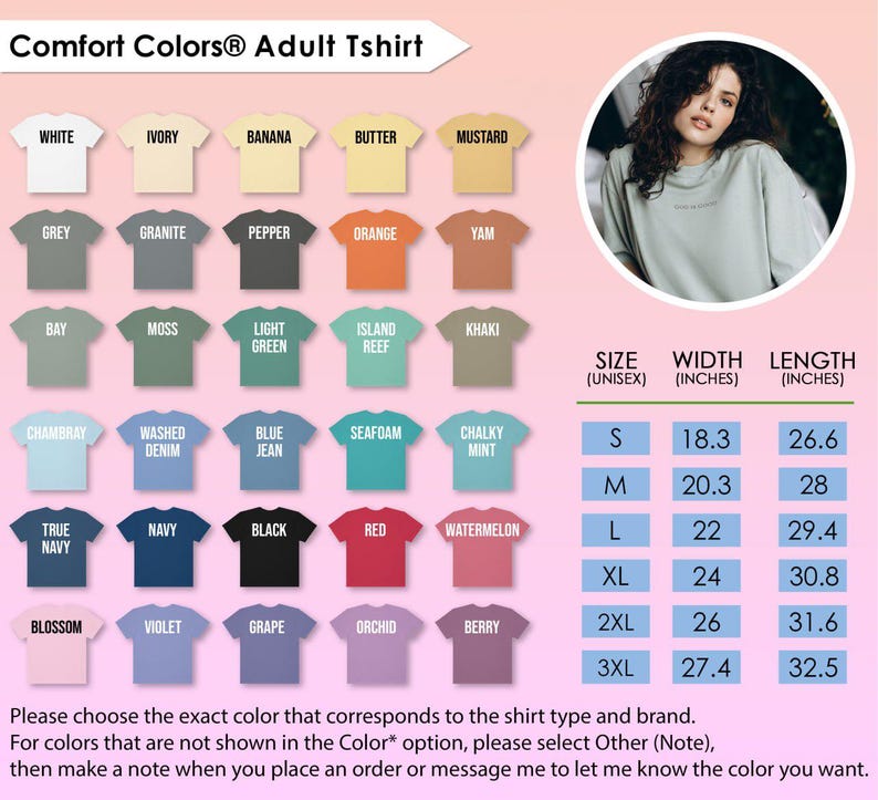 The image is an advertisement for an adult t-shirt, featuring a variety of different colored t-shirts and a woman's portrait.