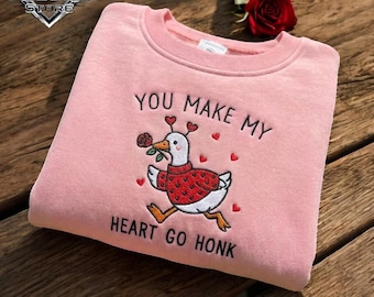 Embroidered Valentine Goose Sweatshirt: Valentine's Day Sweater, Embroidery Anniversary Sweatshirt, Romantic Goose Hoodie