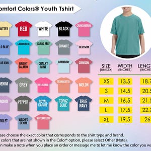 a collection of youth t-shirt colors and sizes, along with a person wearing a green t-shirt. The image is a collage of various t-shirt designs, and there is a person wearing a green t-shirt in the image.