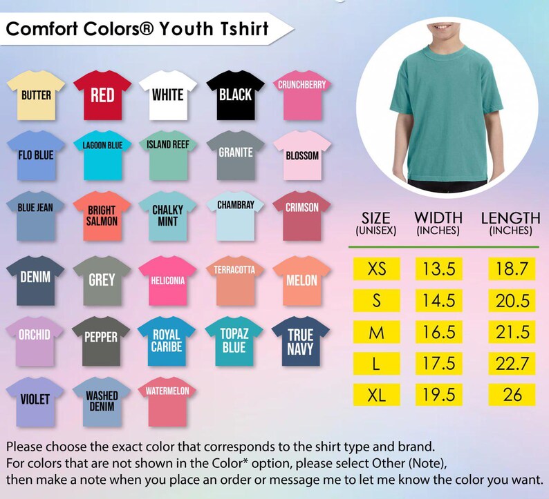 a collection of youth t-shirt colors and sizes, along with a person wearing a green t-shirt. The image is a collage of various t-shirt designs, and there is a person wearing a green t-shirt in the image.