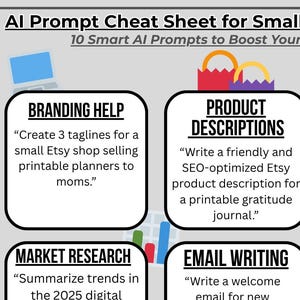 May include: A colorful infographic titled "AI Prompt Cheat Sheet for Small Business Owners" with 10 smart AI prompts. Topics include branding, product descriptions, social media captions, market research, email writing, pricing help, customer service, content ideas, bundle creation, and product ideas.