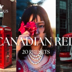 Puede incluir: Imagen compuesta con una cabina telefónica roja, una mujer con flores rojas y tranvías rojos. El texto "CANADIAN RED" y "20 PRESETS" se muestran. El logotipo de PresetsUS está en la esquina superior izquierda.