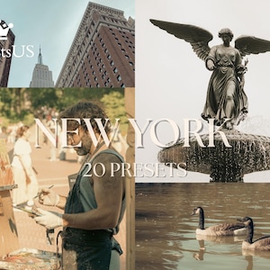 May include: A collage featuring New York City scenes. Includes a view of buildings, the Empire State Building, a statue, and geese on water. The text "NEW YORK 20 PRESETS" is overlaid on the image, along with the logo "PresetsUS".