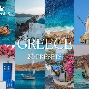 Könnte beinhalten: Eine Collage von Bildern mit Szenen aus Griechenland, darunter blaues Wasser, weiße Gebäude mit blauen Kuppeln und eine Statue. Die Texte "GREECE" und "20 PRESETS" sind über die Bilder gelegt. Das PresetsUS-Logo befindet sich oben links.