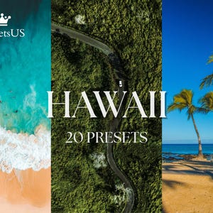 Puede incluir: Imagen promocional con temática de Hawái, dividida en tres secciones. La izquierda muestra agua turquesa y una playa. El centro representa una carretera a través de un paisaje verde. El panel derecho presenta palmeras y un cielo azul. El texto dice "HAWAII 20 PRESETS".