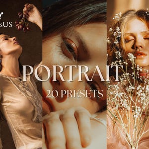 May include: Image promoting "PresetsUS" with the word "PORTRAIT" and "20 PRESETS" in the center. The image is a collage of three portraits of women. One woman is holding grapes, another has closed eyes, and the third has flowers in her hair.