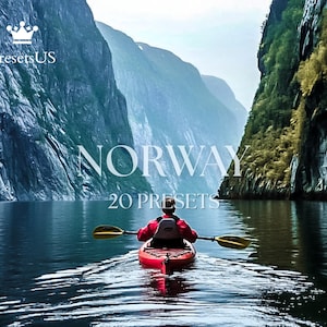 May include: A person kayaking in a red kayak on a calm lake surrounded by towering cliffs. The word "NORWAY" is displayed in large white letters, with "20 PRESETS" below. The image has a serene, natural landscape.