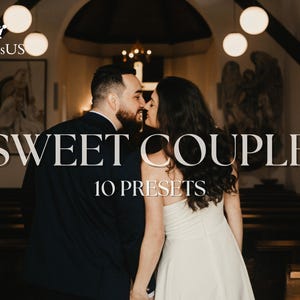 May include: A couple embraces in a church setting, with the text "SWEET COUPLE" and "10 PRESETS" overlaid. The image has a warm, soft focus, with the couple in the foreground and architectural details in the background.