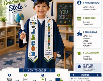 Personalized Preschool Graduation Stole for Boys, Custom Name Kindergarten Stole, Class of 2026 Kids Graduation Sash, Cute School Graduation