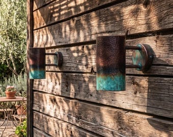 Set of 2 Rustic Oxidized Copper Wall Light, Geometric Outdoor Sconce, Vintage Lamp