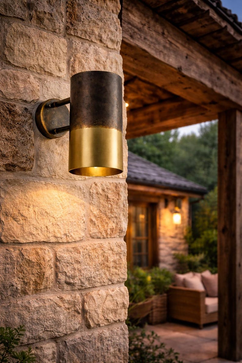 May include: A cylindrical outdoor wall sconce with a two-tone finish. The top portion is dark bronze, and the bottom is gold. The sconce is mounted on a stone wall with a warm, inviting glow. The fixture is approximately 10 inches tall.